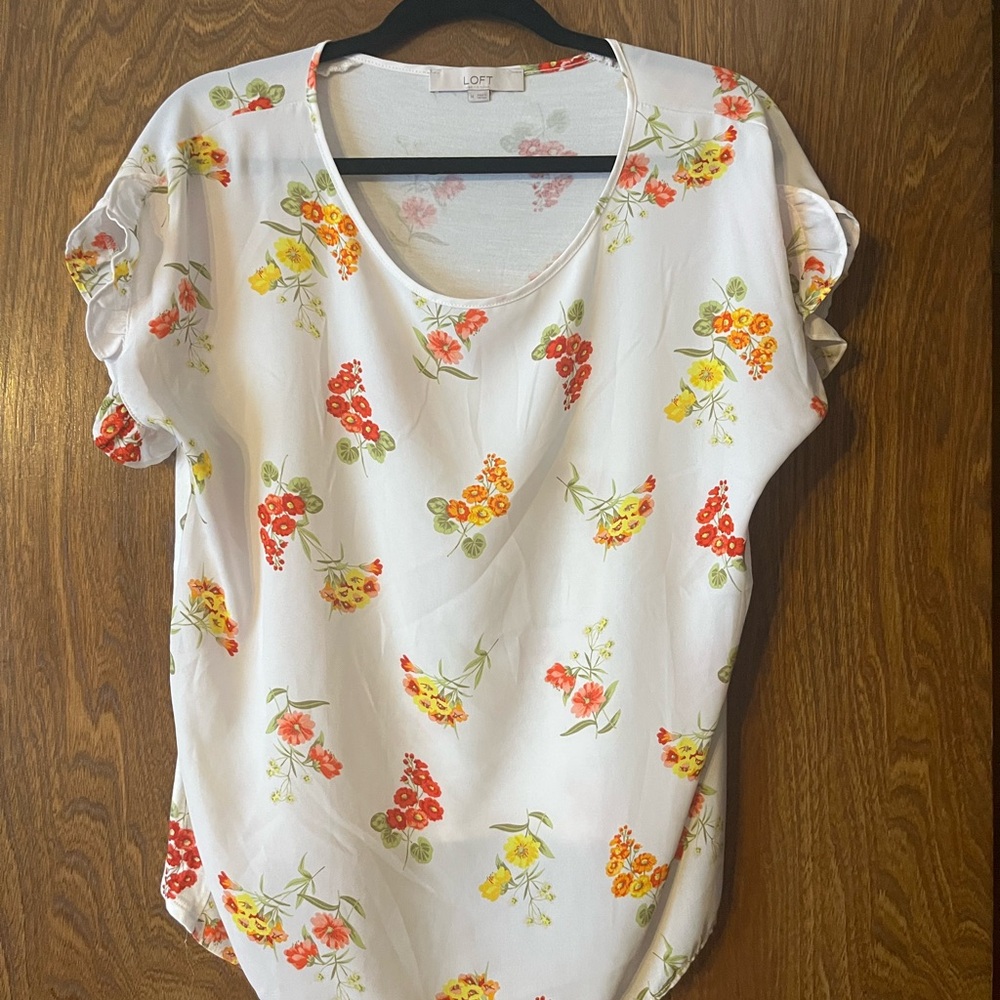 LOFT White Floral Blouse with Red and Yellow Accents - mixed material